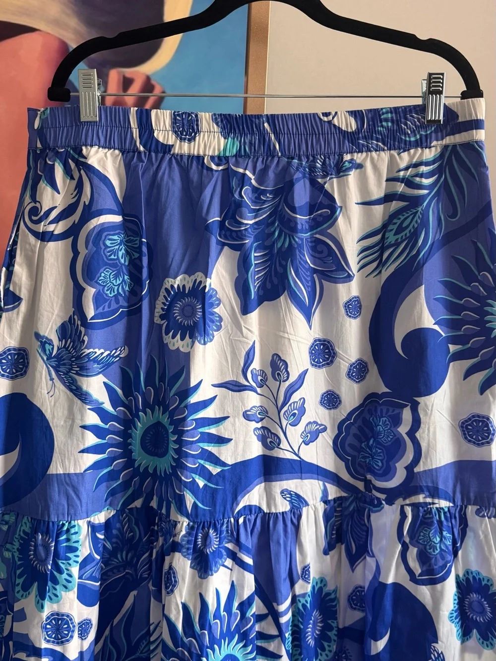 NWT Maude Vivante Ada Porcelain Blue Floral Tiered Midi Skirt Size XL